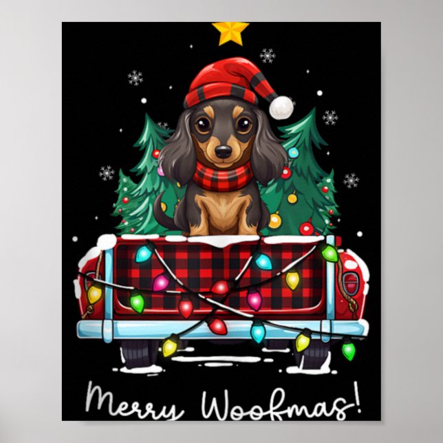 Long Haired Dachshund Christmas Dog Truck Plaid Fu Poster (Vorne)