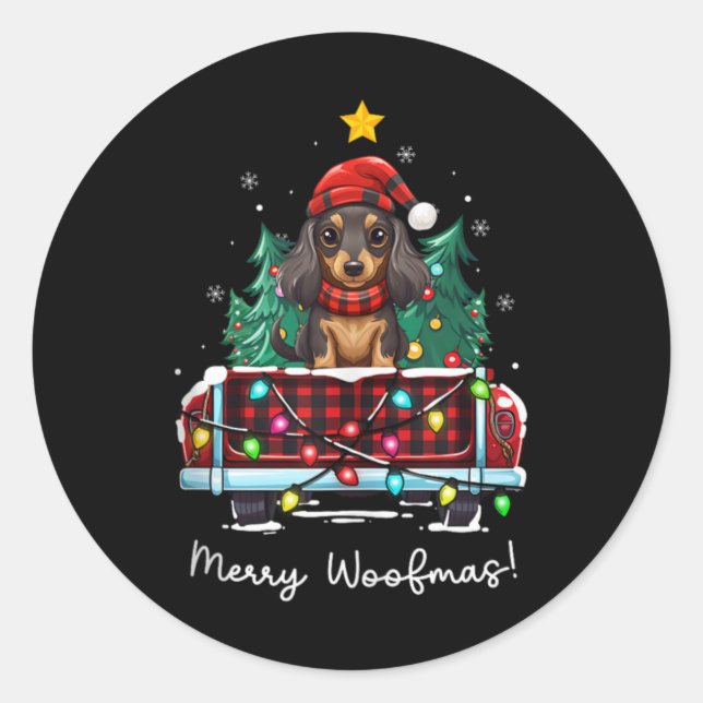 Long Haired Dachshund Christmas Dog Truck Plaid Fu Runder Aufkleber (Vorderseite)