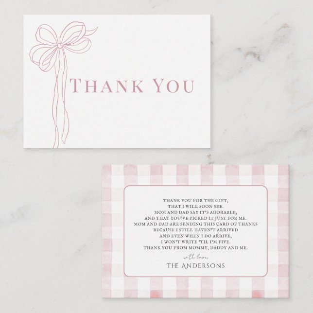 Long Pink Bow Ribbon Girl Baby Shower Thank You Mitteilungskarte (Vorne/Hinten)