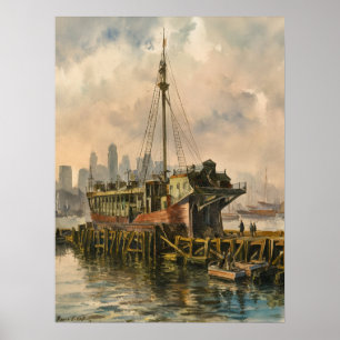 Long Wharf Boston Schiff Vintage Aquarellmalerei Poster