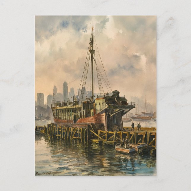 Long Wharf Boston Ship Vintage Aquarellmalerei Postkarte (Vorderseite)