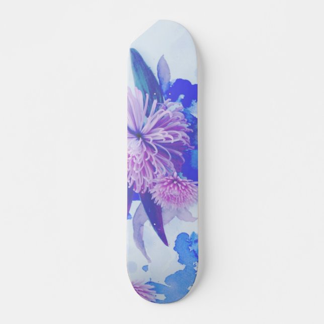 Longboard mit lila, blauer und Aquamariner Blütend Skateboard (Vorne)