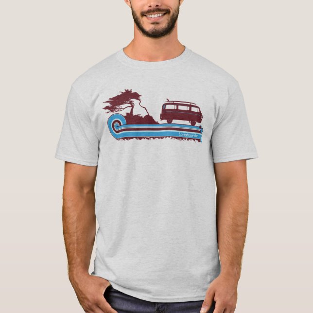 'Longboarder' Retro Surf T-Shirt in Maroon & Aqua (Vorderseite)