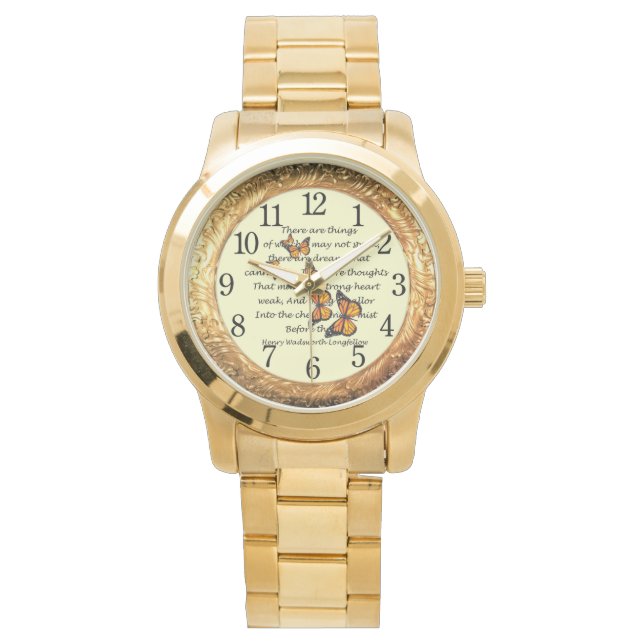 Longfellow ~ Monarchschmetterlinge ~ Goldener Ring Armbanduhr (Vorderseite)