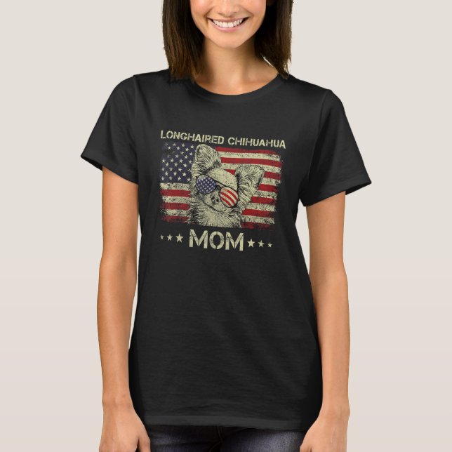 Longhaired Chihuahua Mom Dog  American Flag 4th Of T-Shirt (Vorderseite)
