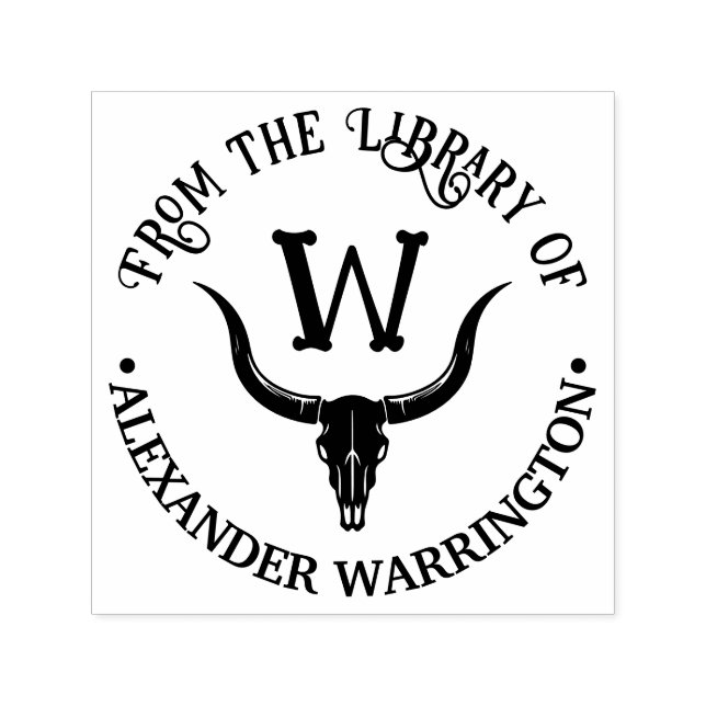 Longhorn Bull Cow Skull Library Name Initial Permastempel (Design)