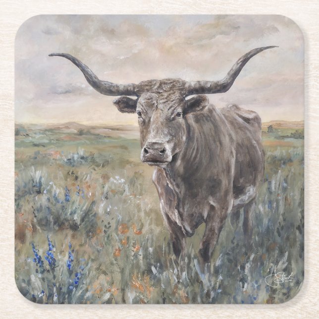 "Longhorn" handbemalt Rechteckiger Pappuntersetzer (Vorderseite)