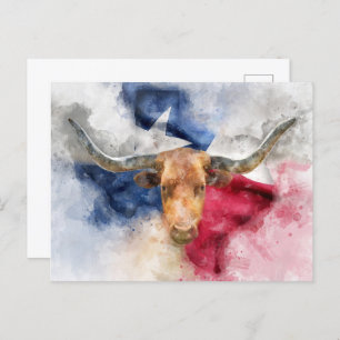Longhorn Kuh mit Texas Flag Karte Wasserfarbe