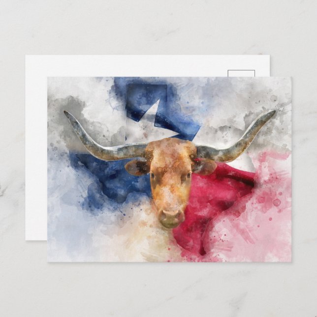 Longhorn Kuh mit Texas Flag Karte Wasserfarbe (Vorne/Hinten)