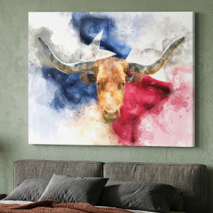 Longhorn Kuh mit Texas Flag Karte Wasserfarbe Leinwanddruck