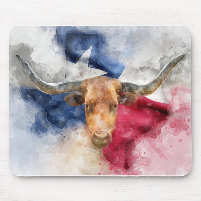 Longhorn Kuh mit Texas Flag Karte Wasserfarbe Mousepad (Vorne)