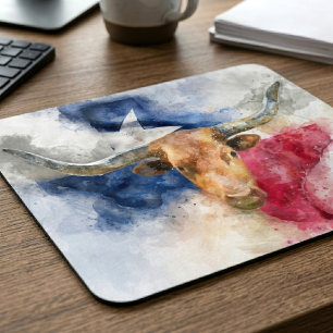 Longhorn Kuh mit Texas Flag Karte Wasserfarbe Mousepad