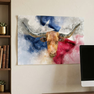 Longhorn Kuh mit Texas Flag Karte Wasserfarbe Poster
