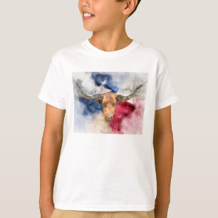 Longhorn Kuh mit Texas Flag Karte Wasserfarbe T-Shirt