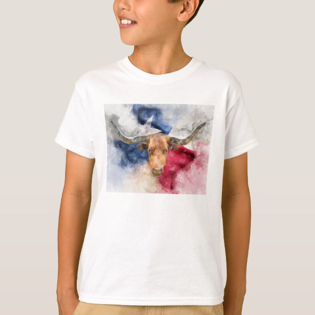 Longhorn Kuh mit Texas Flag Karte Wasserfarbe T-Shirt (Vorderseite)