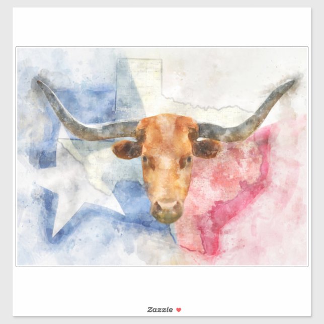 Longhornkuh mit Texas-Karte und Flaggenfarbe Aufkleber (Blatt)