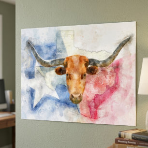 Longhornkuh mit Texas-Karte und Flaggenfarbe Fotodruck