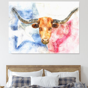 Longhornkuh mit Texas-Karte und Flaggenfarbe Fotodruck