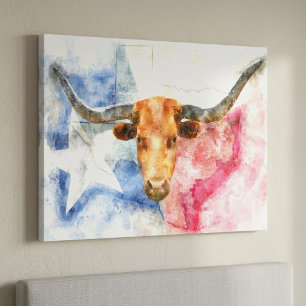 Longhornkuh mit Texas-Karte und Flaggenfarbe Leinwanddruck