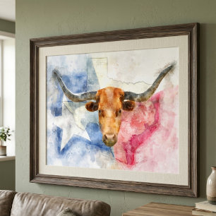 Longhornkuh mit Texas-Karte und Flaggenfarbe Poster