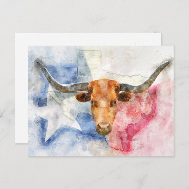 Longhornkuh mit Texas-Karte und Flaggenfarbe Postkarte (Vorne/Hinten)