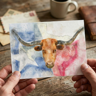 Longhornkuh mit Texas-Karte und Flaggenfarbe Postkarte