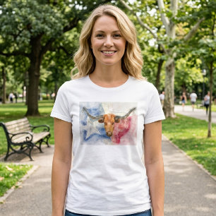 Longhornkuh mit Texas-Karte und Flaggenfarbe T-Shirt