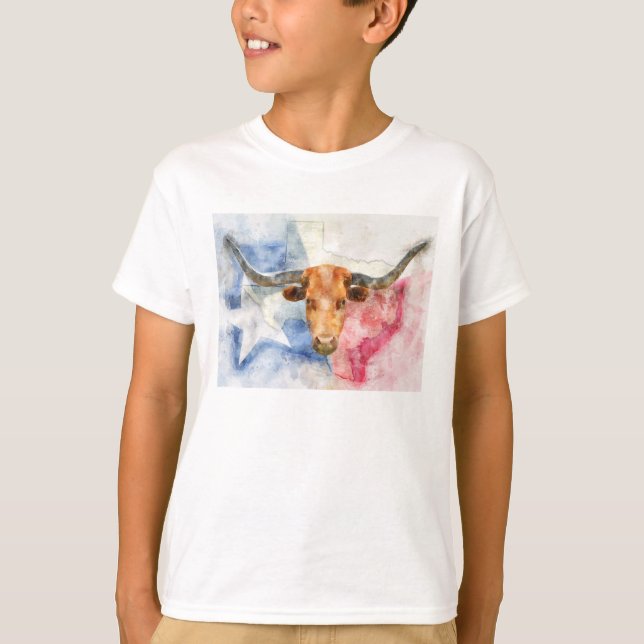 Longhornkuh mit Texas-Karte und Flaggenfarbe T-Shirt (Vorderseite)