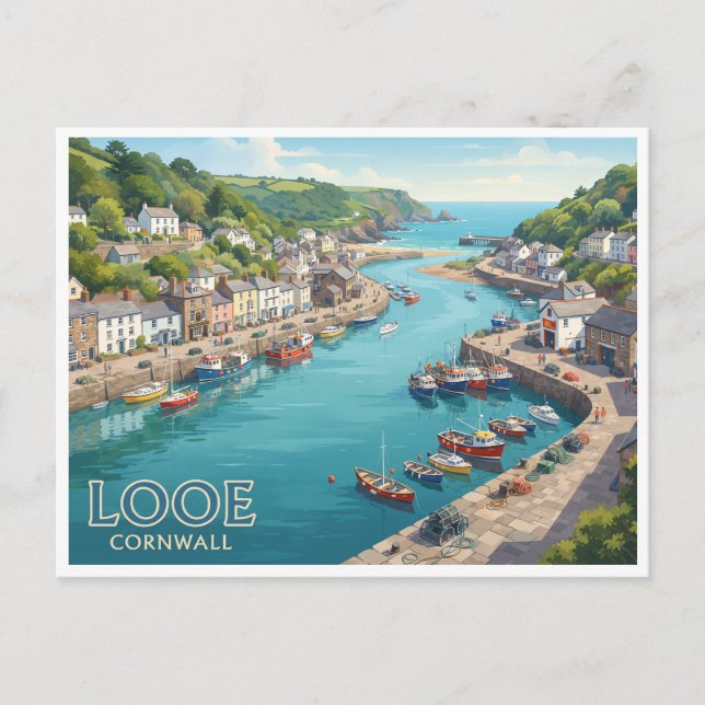 Looe Hafen England Postkarte (Vorderseite)