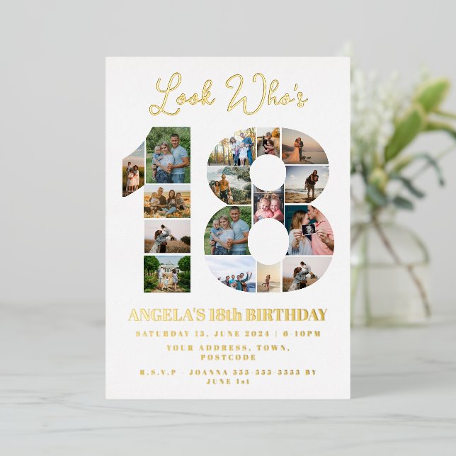 Look wer 18 Foto Collage Teenager Geburtstag Folieneinladung (Stehend vorne)