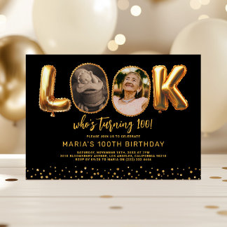 Look Who's 100 Black Gold Photo 100th Birthday Einladung