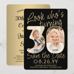 Look Who's 30 Black & Gold 2 Foto Geburtstagsparty Save The Date