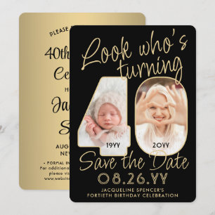 Look Who's 40 Black & Gold 2 Foto Geburtstagsparty Save The Date