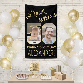 Look Who's 50 Black & Gold 2 Foto Geburtstagsparty Banner