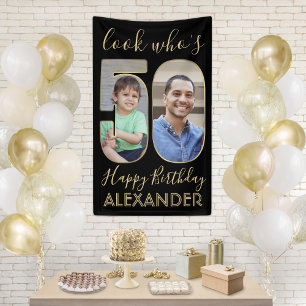 Look Who's 50 Black & Gold 2 Foto Geburtstagsparty Banner