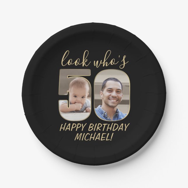Look Who's 50 Black & Gold 2 Foto Happy Birthday Pappteller (Vorderseite)