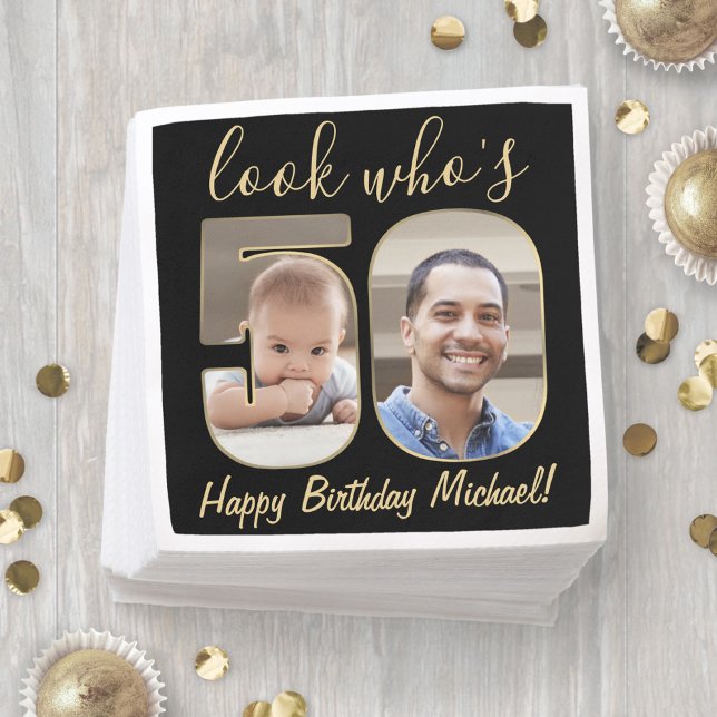 Look Who's 50 Black & Gold 2 Foto Happy Birthday Serviette (Von Creator hochgeladen)