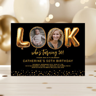 Look Who's 50 Black Gold Photo Fifty Birthday Einladung
