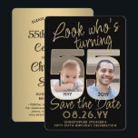Look Who's 55 Black & Gold 2 Foto Geburtstagsparty Save The Date<br><div class="desc">Schau, wer 55 wird! Laden Sie Ihre Familie und Freunde zu einem bevorstehenden 55. Geburtstag mit maßgeschneiderten Foto Save the Date Party Einladungen. Bilder und Texte auf dieser Vorlage sind einfach zu personalisieren. (IMAGE PLACEMENT TIP: Eine einfache Möglichkeit, ein Foto genau zu positionieren, wie Sie es gewollt haben, ist es,...</div>