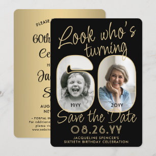 Look Who's 60 Black & Gold 2 Foto Geburtstagsparty Save The Date