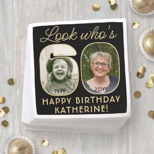 Look Who's 60 Black & Gold Happy Geburtstag 2 Foto Serviette
