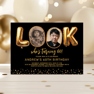 Look Who's 60 Black Gold Photo Sixty Birthday Einladung