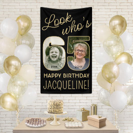 Look Who's 65 Black & Gold 2 Foto Geburtstagsparty Banner