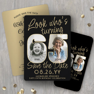 Look Who's 65 Black & Gold 2 Foto Geburtstagsparty Save The Date