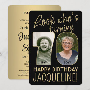 Look Who's 70 Black & Gold Geburtstagsparty 2 Foto Einladung
