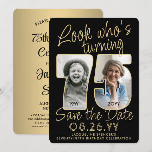 Look Who's 75 Black & Gold 2 Foto Geburtstagsparty Save The Date