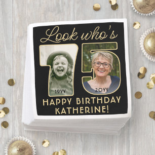 Look Who's 75 Black & Gold Happy Geburtstag 2 Foto Serviette