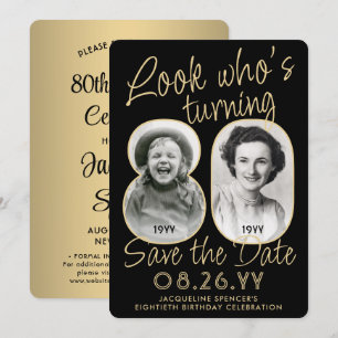 Look Who's 80 Black & Gold 2 Foto Geburtstagsparty Save The Date