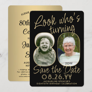 Look Who's 80 Black & Gold 2 Foto Geburtstagsparty Save The Date