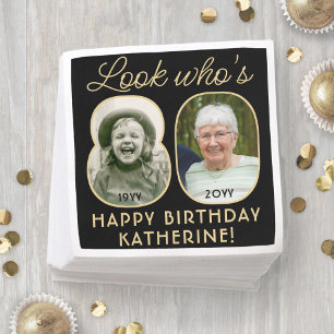 Look Who's 80 Black & Gold Happy Geburtstag 2 Foto Serviette